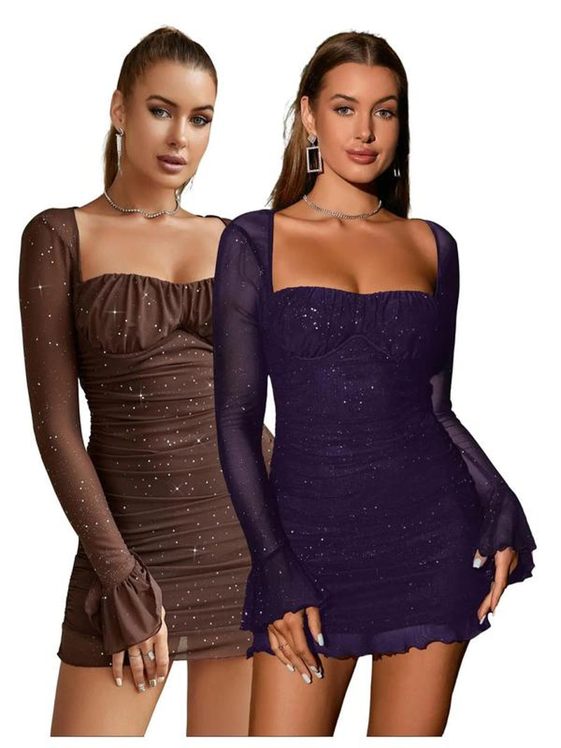 Women'S Glitter Contrast Mesh Long Sleeve Ruched Mini Bodycon Dress, Lady Comfort Casual Elegant Square Neck Lettuce Trim Tight Dresses for Party Dinner Holiday, Party Dress, Birthday Dress for Women Casual
